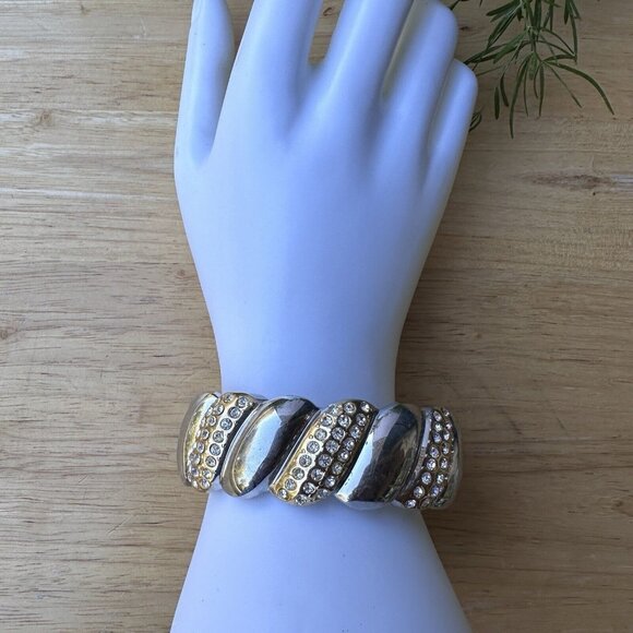 VTG Bangle Bracelet Rhinestone Hinge Gold Silver Tone Statement Classy Size 6 - Picture 1 of 10